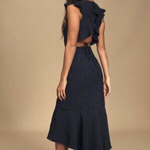 NWT Lulus Sophisticated Soiree Navy Blue Jacquard Backless High-Low Dress